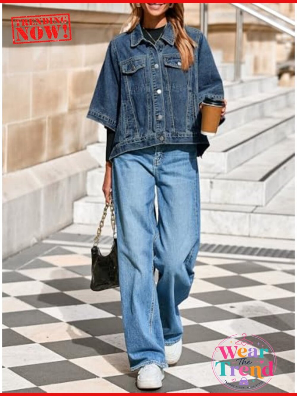 Oversized Cropped Denim Cape Jacket Button Down Half Sleeve Chest Pockets Loose - Picture 4 of 6